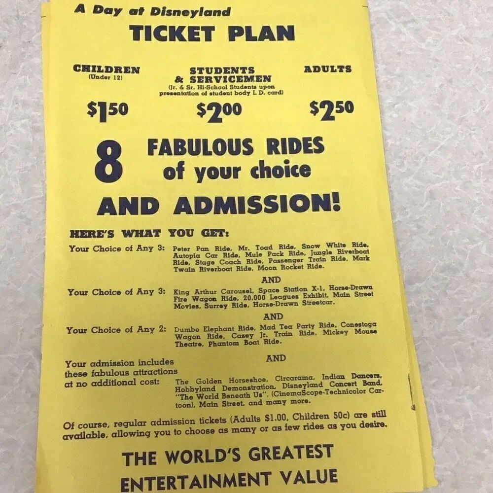 Disneyland 1955 opening year ticket plan flyer.  A
